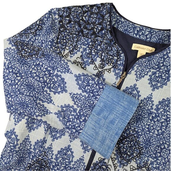 Coldwater Creek Full Zip Jacket Womens 12 Blue Linen Lined Classic Embroidered - Picture 3 of 11